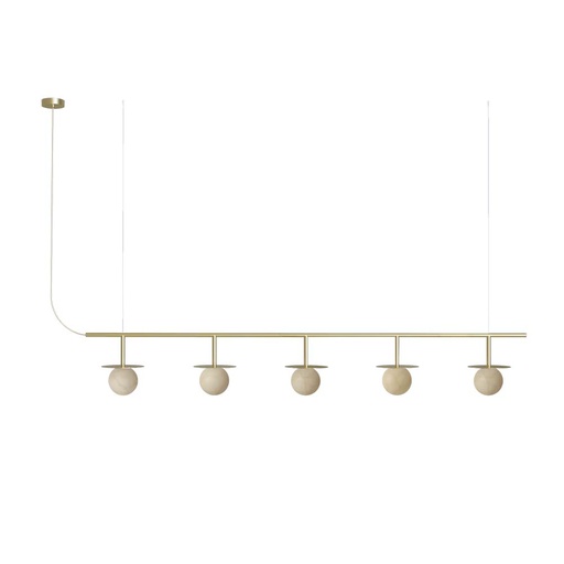 [ROB-10546] ROBIN 10546 | ROYAL PENDANT CHANDELIER LINEAR 5 - MATTE POLISHED BRASS STRUCTURE AND DISC, ALABASTER SPHERE, AND GOLD TEXTILE CABLE.